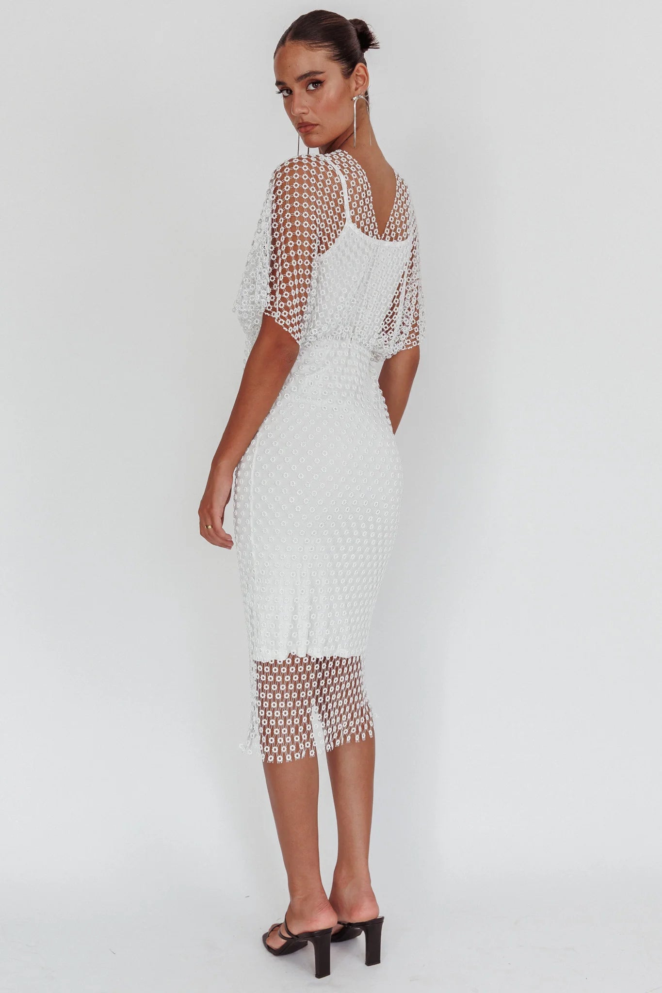 Astra Diamante Fishnet Midi Dress White